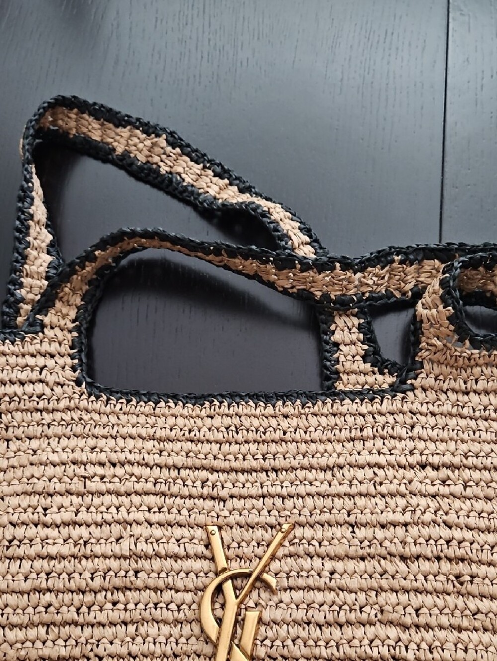 Raffia Satchel Tote in Tan with Black Trim and Gold Logo-Designer Inspired - Picture 10 of 10